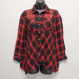 Western Plaid Embroidered Button Shirt PS Red Black Studded Sharkbite Hem Boho